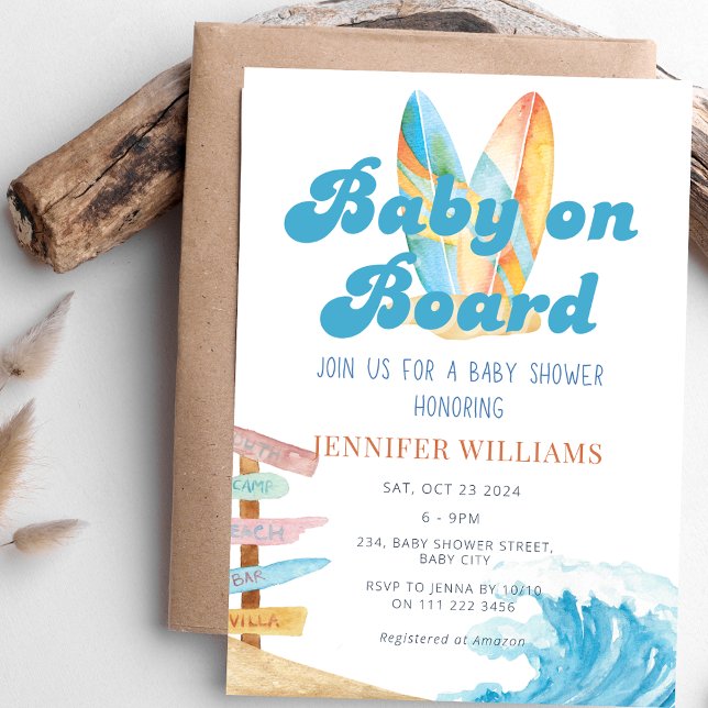 Invitation Bébé à bord Surf Ocean Sea Baby shower (Baby on Board Surf Ocean Sea Baby Shower Invitation)