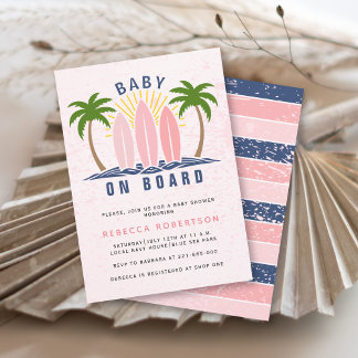 Invitation Bébé à bord surf splash rose bébé douche