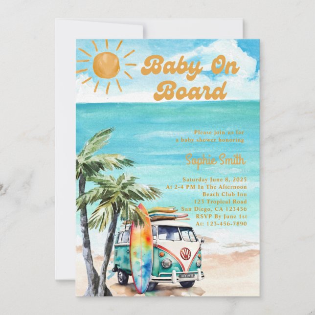 Invitation Bébé à bord Surf vers le haut Baby shower tropical (Devant)