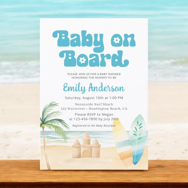 Invitation Bébé à bord Surfboard Baby shower de plage (Créateur téléchargé)