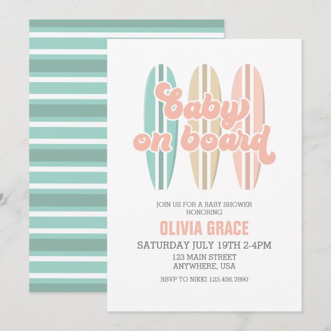 Invitation Bébé à bord Surfboard Baby shower de plage (Devant / Derrière)