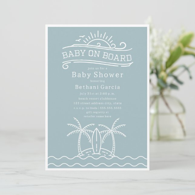 Invitation Bébé à bord Surfboard Beach Baby shower bleu (Debout devant)