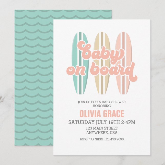 Invitation Bébé à bord Surfboard Beach Baby shower Invitati (Devant / Derrière)