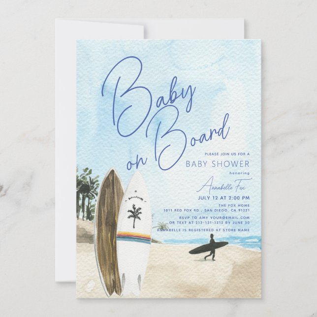 Invitation Bébé à bord Surfboard Beach Blue Boy Baby shower (Devant)