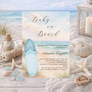 Invitation Bébé à bord surfboard bleu garçon plage Baby Showe