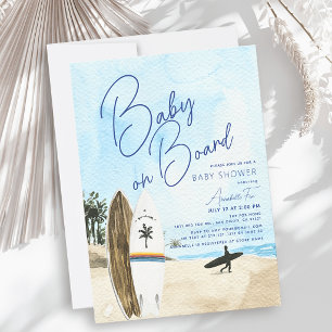 Invitation Bébé à bord Surfboard Plage Bleu Garçon Baby Showe