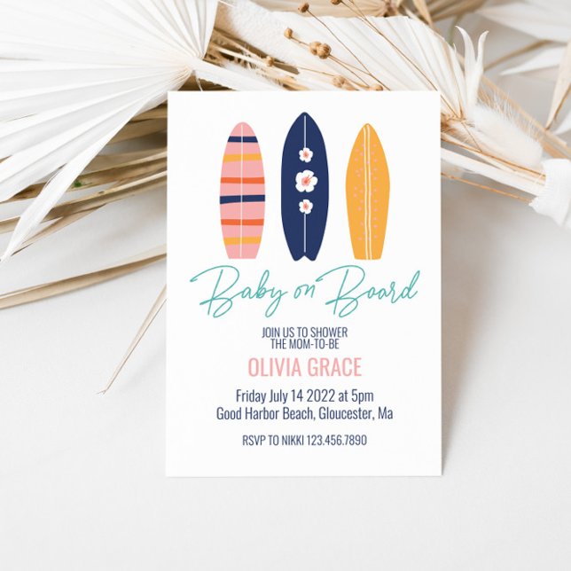 Invitation Bébé à bord surfboard rose Baby Shower (Créateur téléchargé)