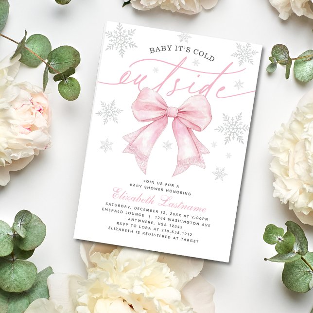 Invitation Bébé à la chèvre rose Il fait froid à l’extérieur  (Celebrate your bundle of joy using our Pink Bow “Baby It’s Cold Outside Baby Shower Invitation". )