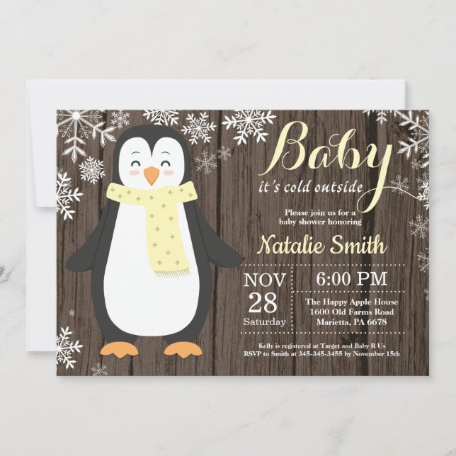 Invitation Bébé à l'extérieur du Baby shower de pingouin rust (Devant)