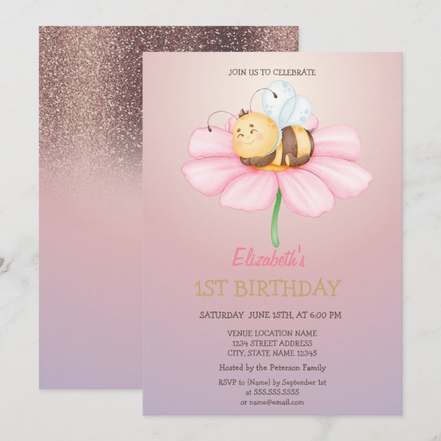 Invitation Bébé Abeille Miel Paillettes Anniversaire  (Devant / Derrière)