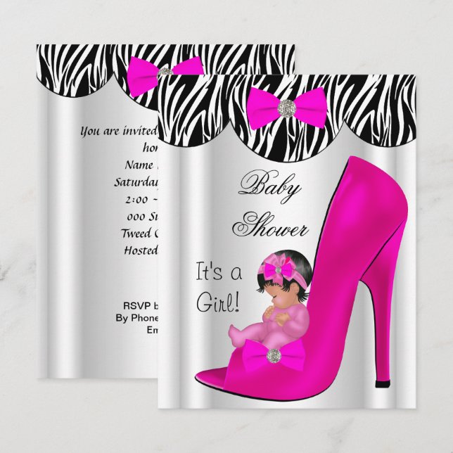 Invitation Bébé adorable chaussure bébé fille rose chaud (Devant / Derrière)