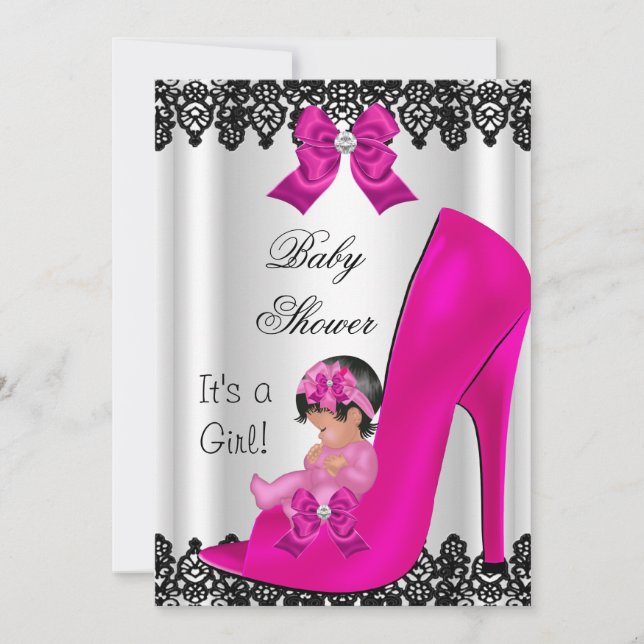 Invitation Bébé adorable chaussure rose fuchsia lacets noirs  (Devant)