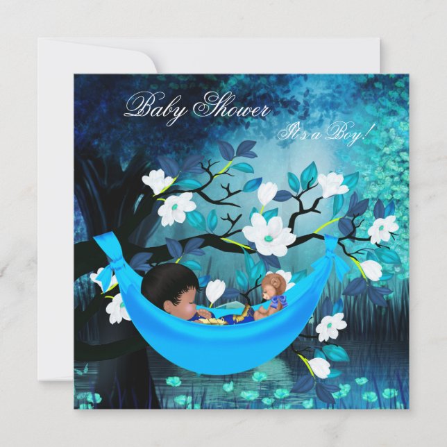 Invitation Bébé adorable douche bébé garçon hamac bleu magiqu (Devant)