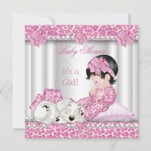 Invitation Bébé adorable Fête de Naissance Fille Léopard Rose