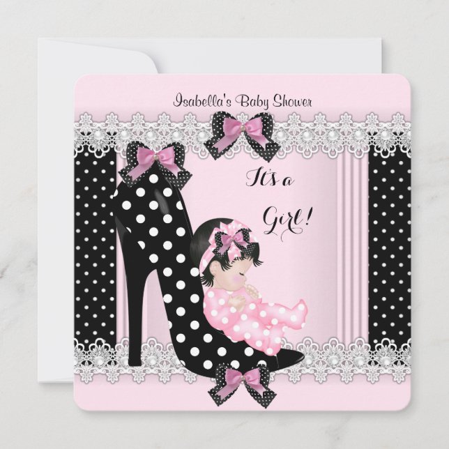 Invitation Bébé adorable Fête de Naissance Fille Rose Points  (Devant)