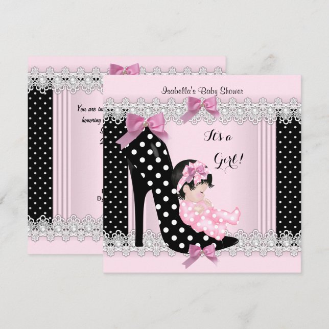 Invitation Bébé adorable Fête de Naissance Fille Rose Points  (Devant / Derrière)