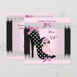 Invitation Bébé adorable Fête de Naissance Fille Rose Points 