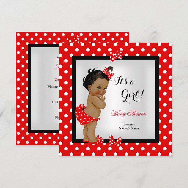 Invitation Bébé adorable Fête de naissance Fille Rouge Noir E (Devant / Derrière)