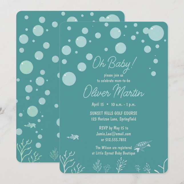 Invitation Bébé adorable Fête de naissance Garçon Aqua Poisso (Devant / Derrière)