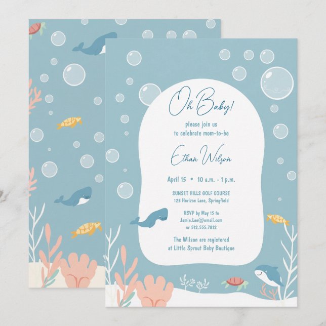 Invitation Bébé adorable Fête de naissance Garçon Aqua Poisso (Devant / Derrière)