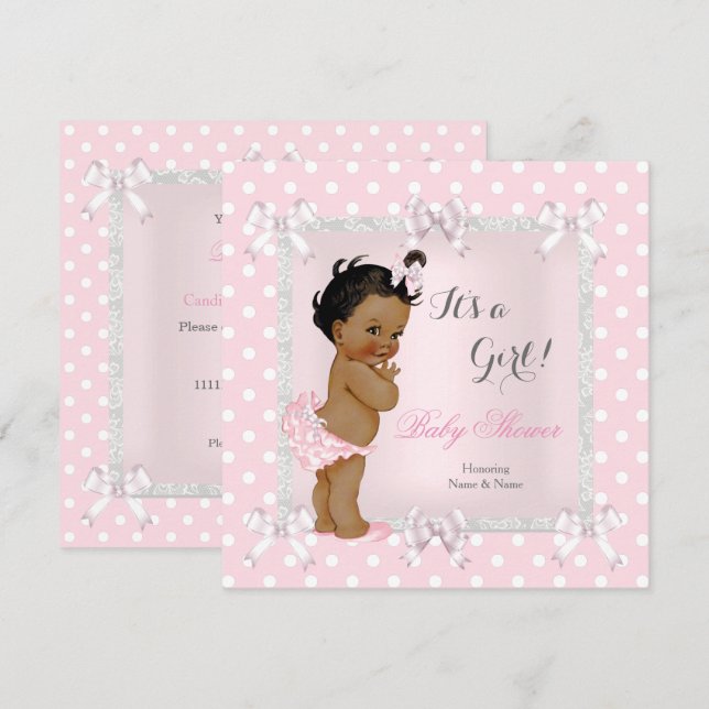 Invitation Bébé adorable Fille de douche Rose Gris Ethnique (Devant / Derrière)