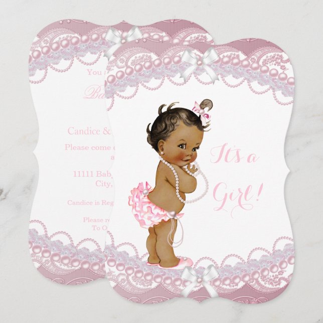 Invitation Bébé adorable Fille de douche Rose Perles Dentelle (Devant / Derrière)
