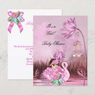 Invitation Bébé adorable Fille Fête de bébé Cygne Rose Magiqu