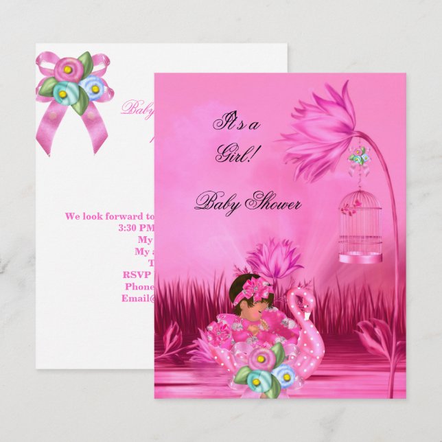 Invitation Bébé adorable Fille Fête de naissance Bébé Rose Ch (Devant / Derrière)