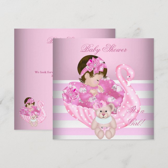 Invitation Bébé adorable Fille Fête de Naissance Bébé Rose Cy (Devant / Derrière)