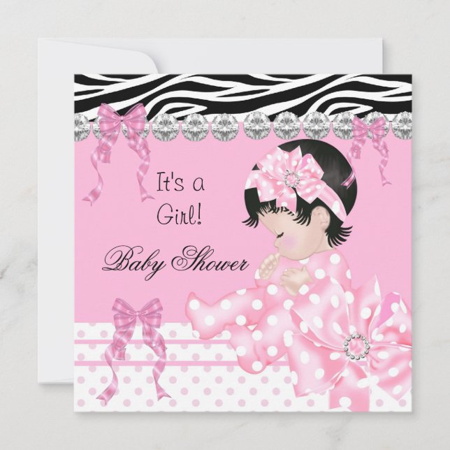 Invitation Bébé adorable Fille Fête Rose Zèbre Points 5 (Devant)