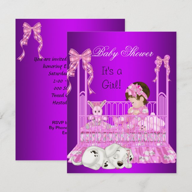 Invitation Bébé adorable Fille Shower Rose Violet (Devant / Derrière)