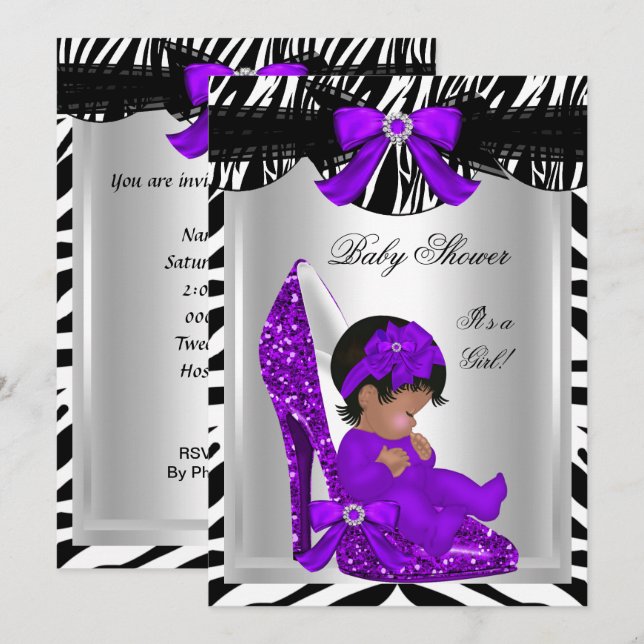 Invitation Bébé adorable Fille Zèbre Violet Chaussure de bébé (Devant / Derrière)