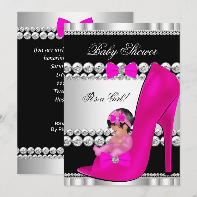 Invitation Bébé adorable pour la fête de naissance fille rose (Devant / Derrière)