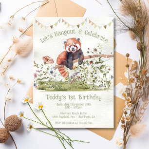 Invitation Bébé adorable Rouge Panda Ours 1er Anniversaire Fê