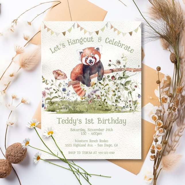 Invitation Bébé adorable Rouge Panda Ours 1er Anniversaire Fê (Créateur téléchargé)