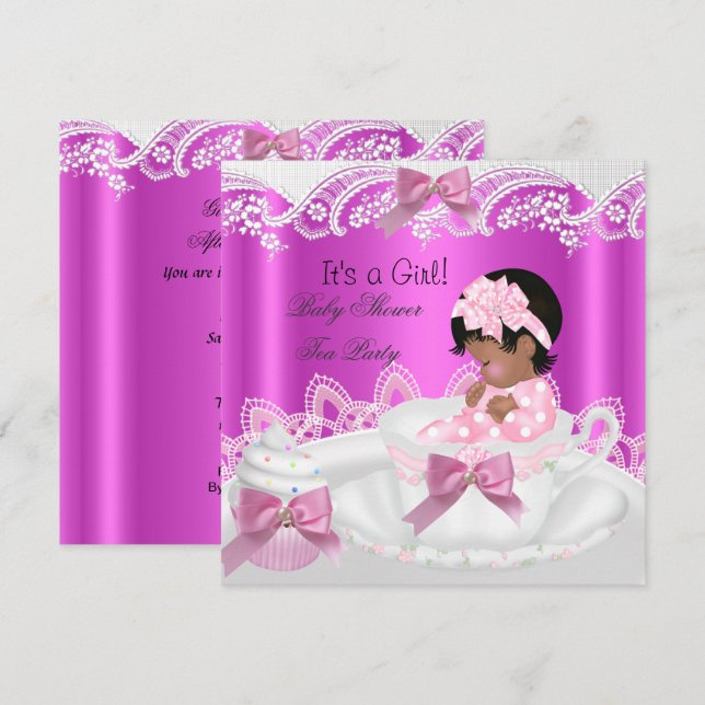 Invitation Bébé Afro-Américain Fille Rose dans Tasse à Thé (Devant / Derrière)