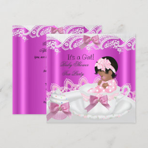 Invitation Bébé Afro-Américain Fille Rose dans Tasse à Thé Ba