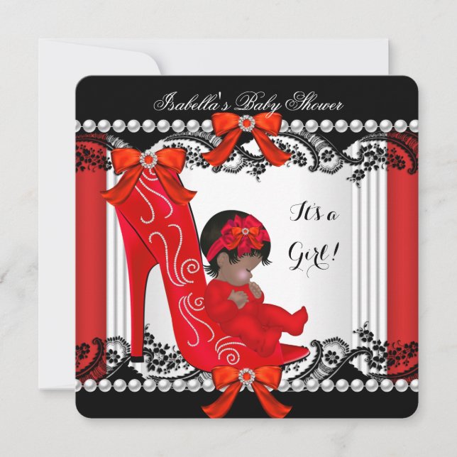 Invitation Bébé Afro-Américain Shower Fille Chaussure Rouge (Devant)