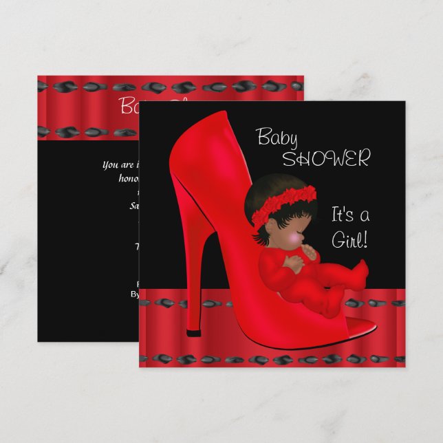 Invitation Bébé Afro-Américain Shower Fille Chaussure Rouge 2 (Devant / Derrière)