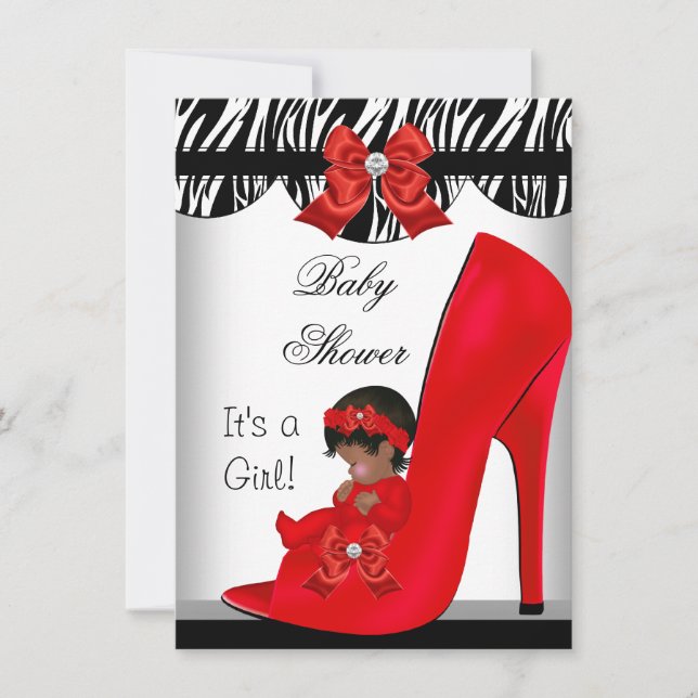 Invitation Bébé afro-américain Shower Fille Chaussure Rouge B (Devant)