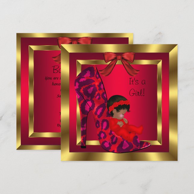 Invitation Bébé Afro-Américain Shower Fille Chaussure Rouge O (Devant / Derrière)