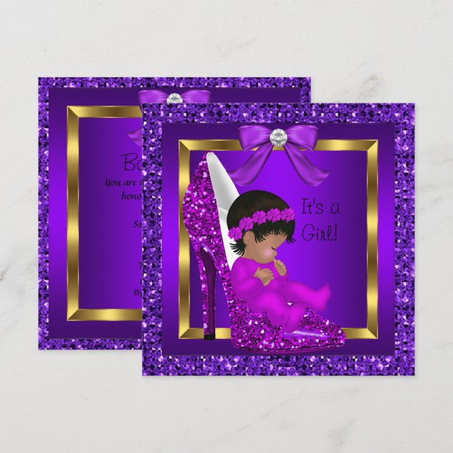 Invitation Bébé afro-américain Shower Fille Paillettes Violet (Devant / Derrière)