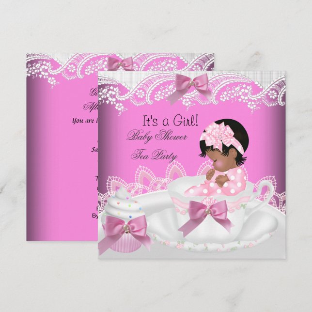 Invitation Bébé Afro-Américain Shower Fille Rose Bébé Tasse à (Devant / Derrière)