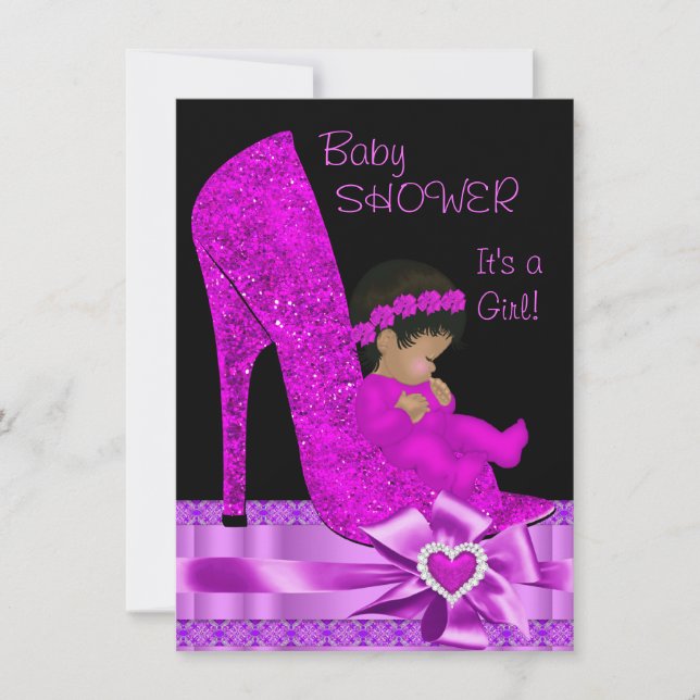 Invitation Bébé Afro-Américain Shower Fille Rose Violet Chaus (Devant)