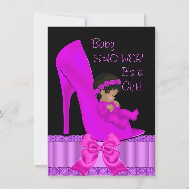 Invitation Bébé Afro-Américain Shower Fille Rose Violet Chaus (Devant)