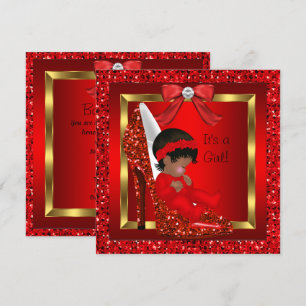 Invitation Bébé Afro-Américain Shower Fille Rouge Paillettes