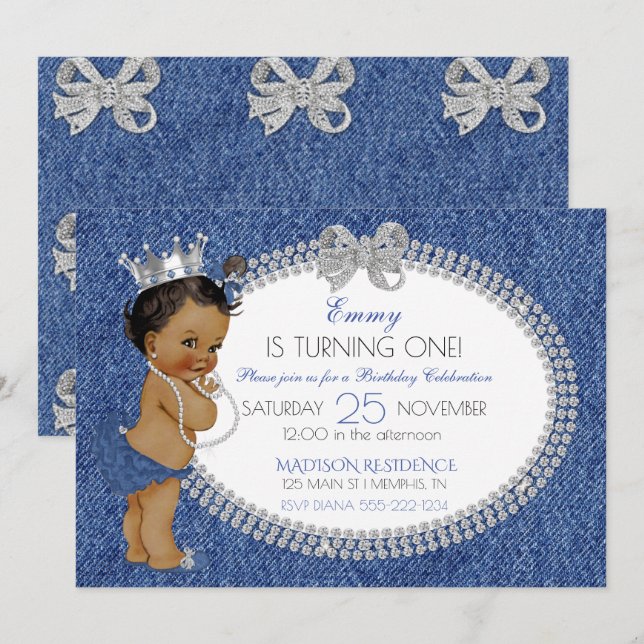 Invitation Bébé afro-américaine aux nœuds en denim et diamant (Devant / Derrière)