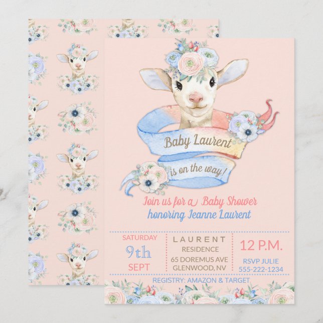 Invitation Bébé Agneau Rose Bleu Bain de Naissance Ferme de N (Devant / Derrière)