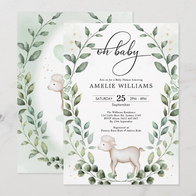 Invitation Bébé Agneau vert Wreath Douche neutre (Devant / Derrière)