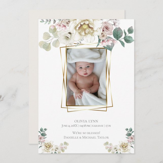 Invitation Bébé | Ajouter Photo Alabaster Peonies Gold Frame (Devant / Derrière)
